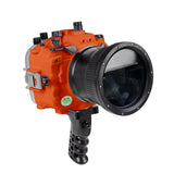 Sea Frogs Salted Line Series Sony A1 40M/130FT Waterproof camera housing with 4" Flat Long Port and Aluminium Shutter Grip. Orange