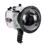 Sea Frogs Salted Line Series Sony A1 40M/130FT Waterproof camera housing with 6" Dome port V.10 Surf and Aluminum Shutter Grip (one zoom gear included). White