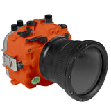 Sea Frogs Salted Line Series Sony A1 40M/130FT Waterproof camera housing with 4" Flat Long port (focus gear included). Orange