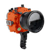 Sea Frogs Salted Line Series Sony A1 40M/130FT Waterproof camera housing with 4" Standard Port and Aluminium Shutter Grip (one zoom gear included). Orange