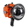 Sea Frogs Salted Line Series Sony A1 40M/130FT Waterproof camera housing with 6" Dome port V.10 Surf and Aluminum Shutter Grip (one zoom gear included). Orange