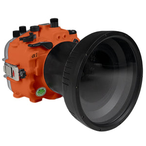 Sea Frogs Salted Line Series Sony A1 40M/130FT Waterproof camera housing with 6" Glass Flat Long Port (one zoom gear included). Orange