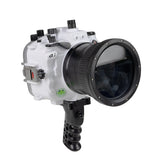 Sea Frogs Salted Line Series Sony A1 40M/130FT Waterproof camera housing with 4" Flat Long Port and Aluminium Shutter Grip. White