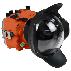 SeaFrogs underwater camera housing in orange with 6-inch dome port V.10 and zoom rings for Sony A1 FE 12-24mm f4G / FE 16-35mm f4 lens