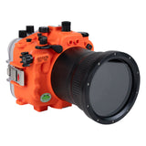 Sea Frogs Salted Line Series Sony A7III / A7RIII 40M/130FT Waterproof camera housing with 4" Flat Long port (focus gear included). Orange