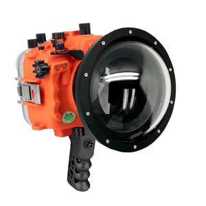 Sea Frogs Salted Line Series Sony A7III / A7RIII 40M/130FT Waterproof camera housing with 6" Dome port V.10 Surf and Aluminium Shutter Grip (one zoom gear included). Orange