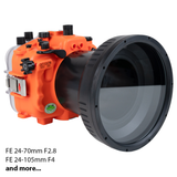 Sea Frogs Salted Line Series Sony A7III / A7RIII 40M/130FT Waterproof camera housing with 6" Flat Long Port (one zoom gear included). Orange