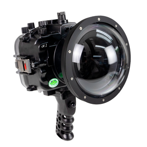 Sea Frogs Salted Line Series Sony A1 40M/130FT Waterproof camera housing with 6" Dome port V.10 Surf and Aluminum Shutter Grip (one zoom gear included). Black